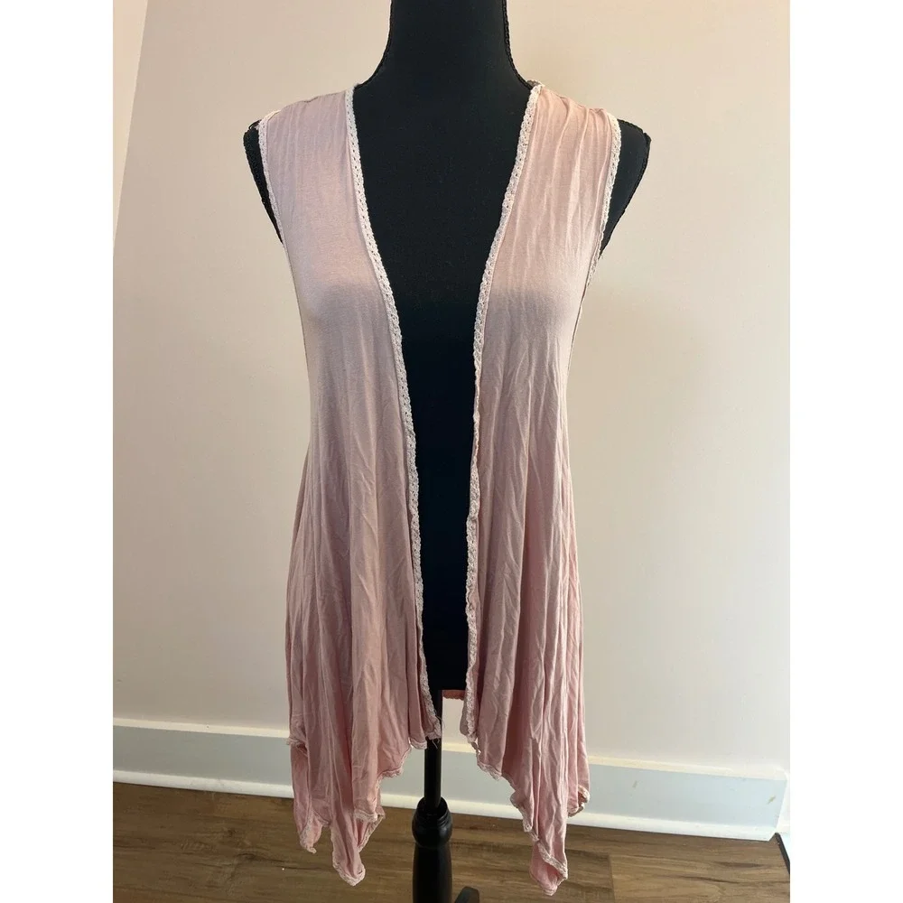 POL Pink Crochet Lace Trim Open Front Sleeveless Cardigan Vest Womens M Boho